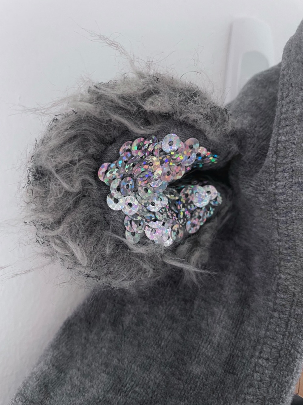 Sequin 3D Bear Ears Hoodie! Sequins on Ears, Pockets & Sleeves, Soft Gray Velour - Picture 4 of 14
